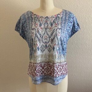 Coldwater Creek Blue and White Graphic Short Sleeve Blouse